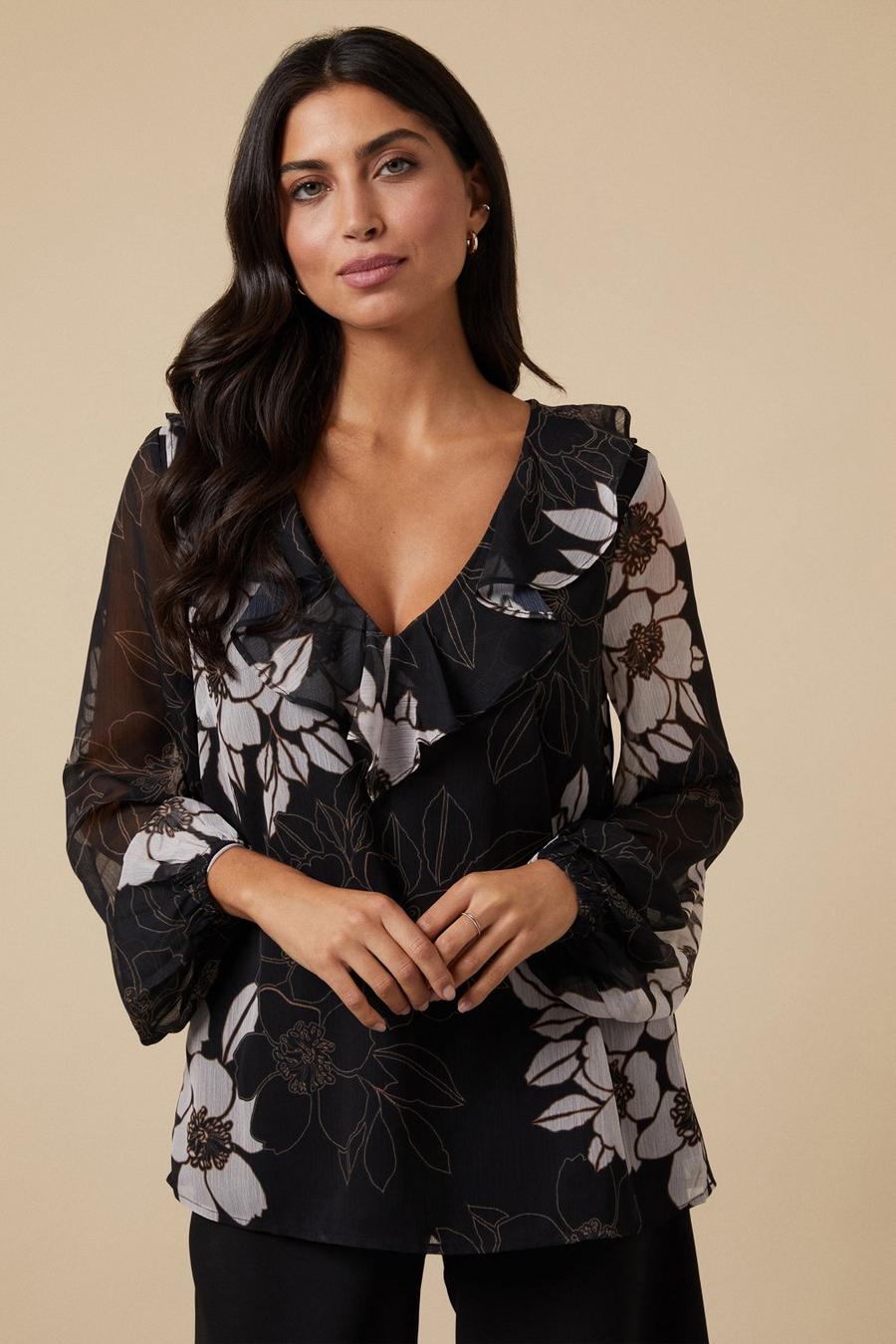 Tall Black Floral Ruffle Front Blouse