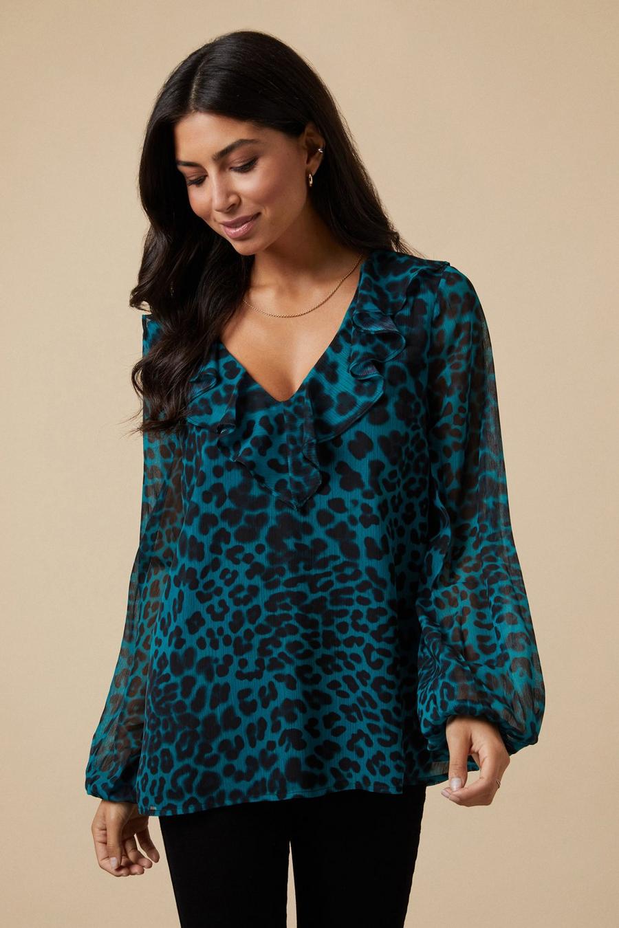 Tall Teal Leopard Ruffle Front Blouse