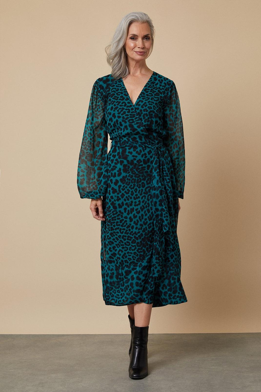 Tall Teal Leopard Wrap Dress image number 1