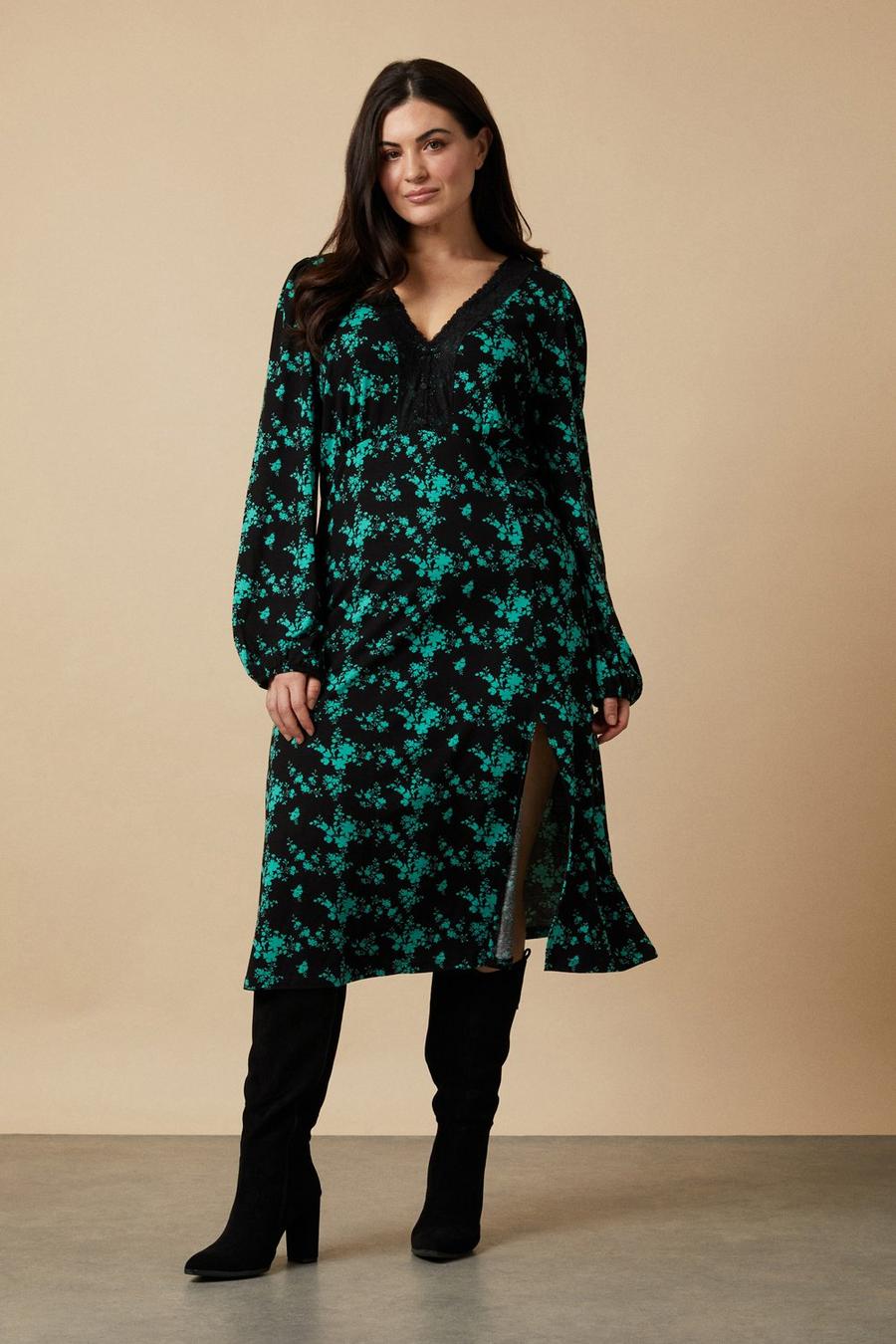 Curve Green Floral Lace Jersey Midi Dress