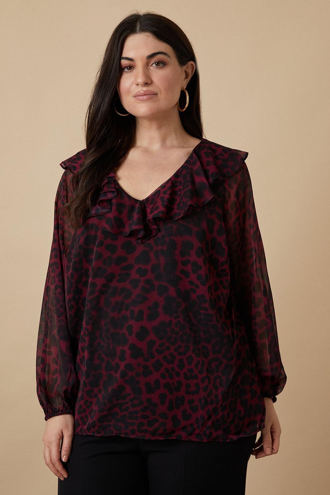 Curve Berry Leopard Ruffle Front Blouse image number 1