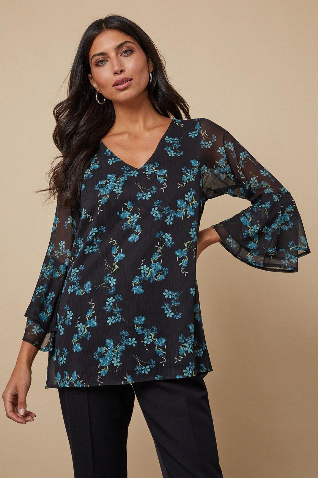 Black Tall Green Floral Ruffle Sleeve Top image number 1