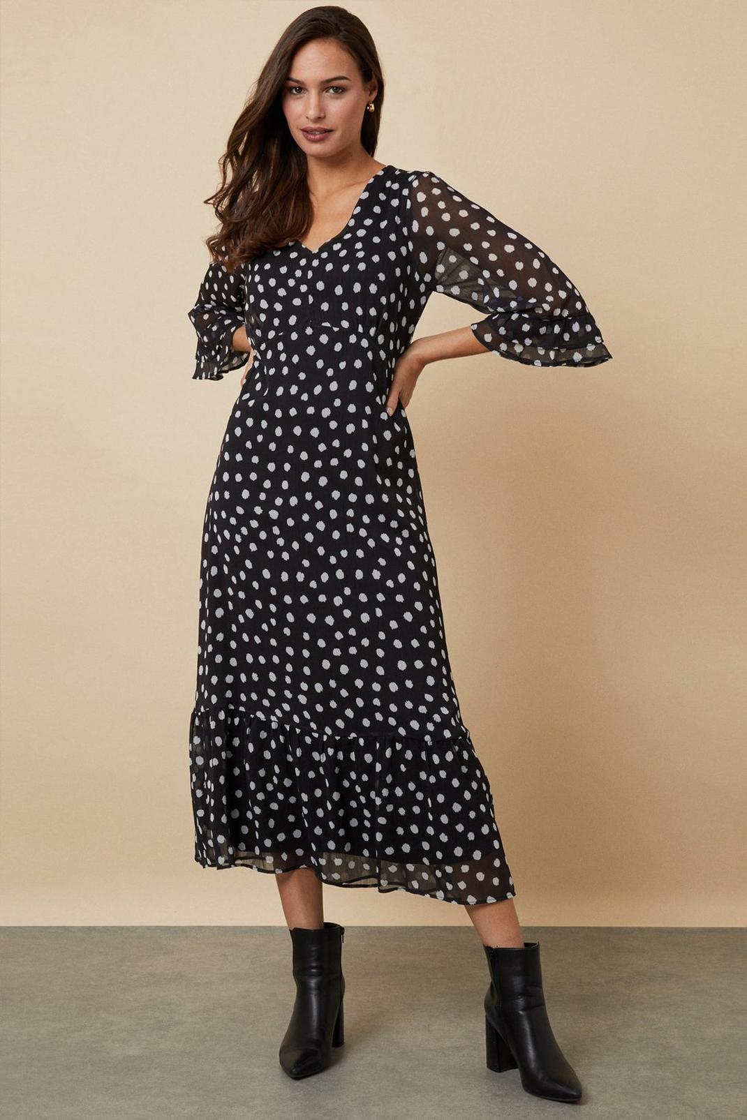 Black Tall Mono Spot Ruffle Sleeve Tea Dress image number 1
