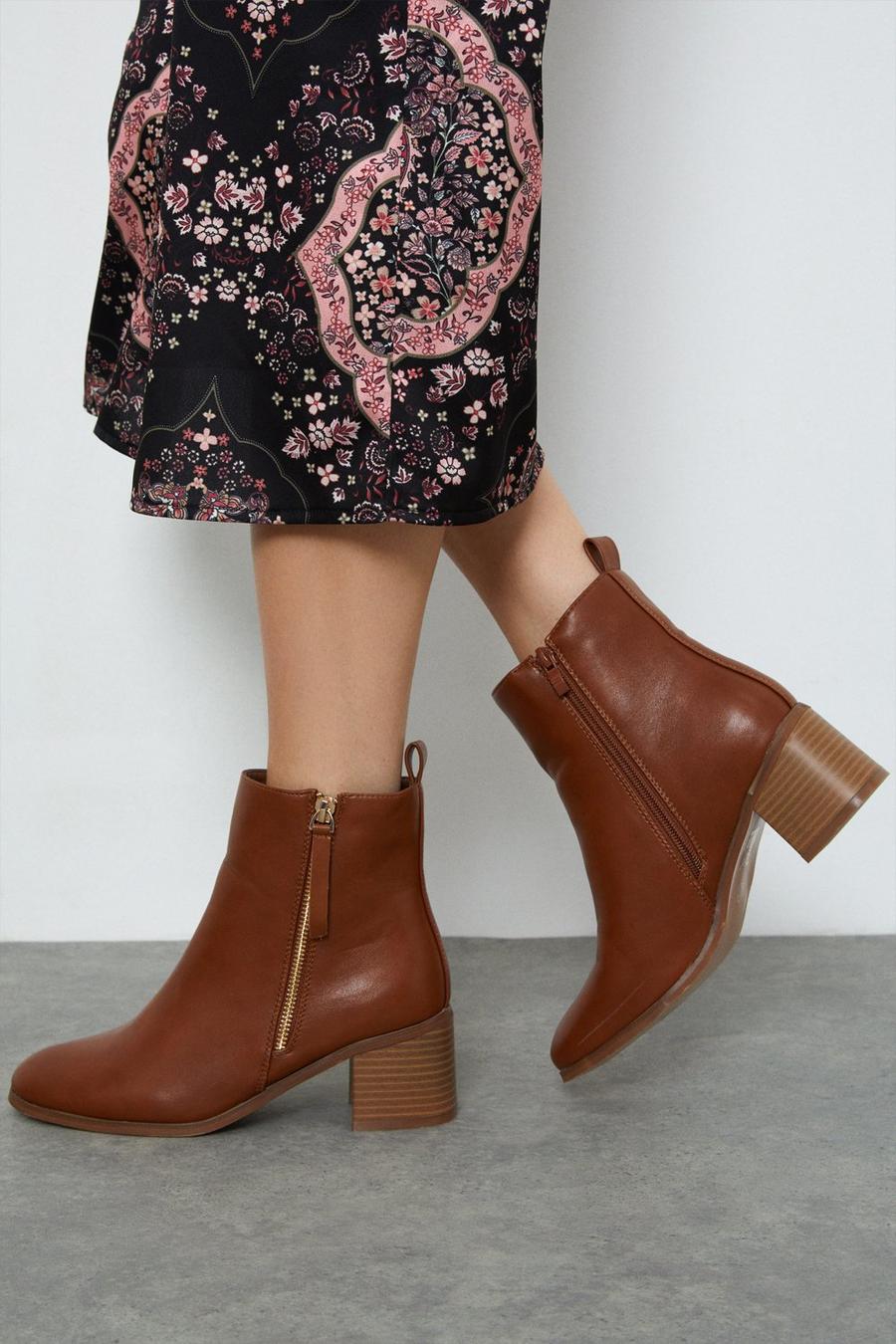 Apricot Stack Heel Ankle Boots