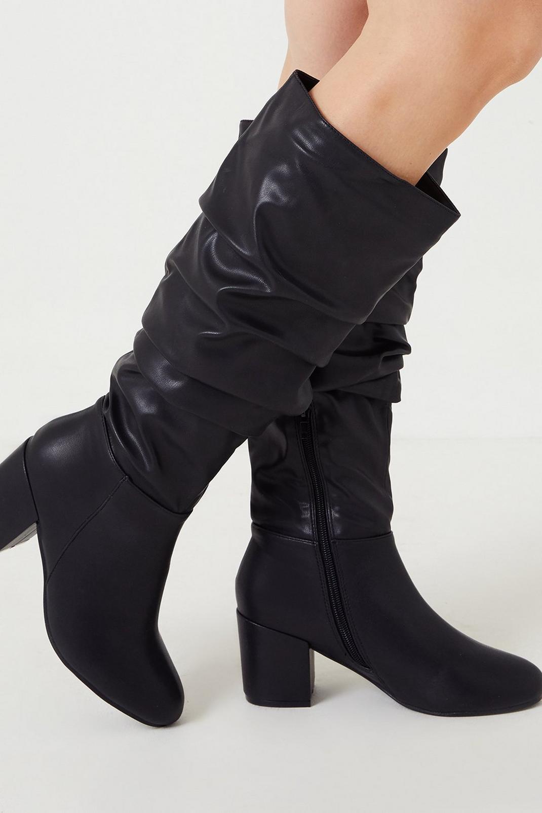 Black Wide Fit Kiss Ruched Long Boots image number 1