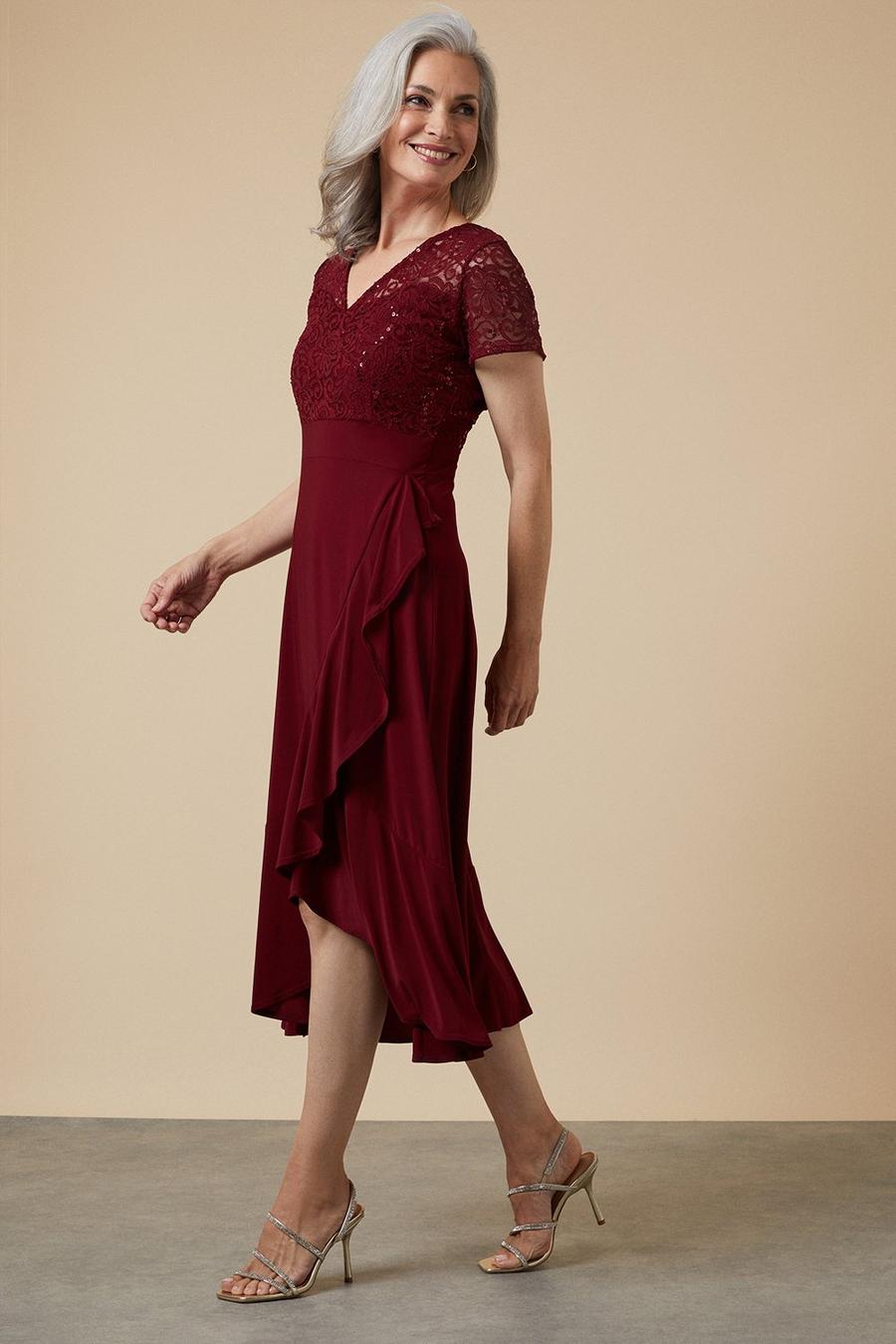 Sequin Lace Ruffle Midi Dress
