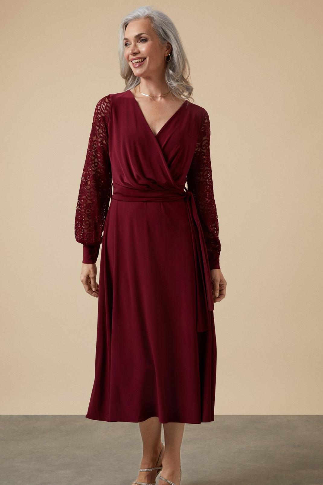 Berry Sequin Wrap Lace Sleeve Midi Dress image number 1