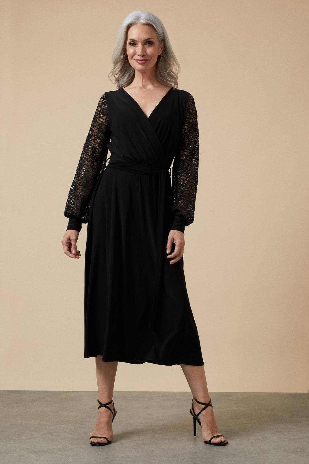 Black Sequin Wrap Lace Sleeve Midi Dress image number 1