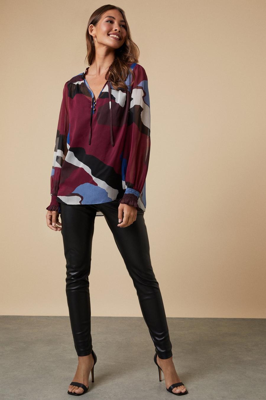 Abstract Print Tie Neck Blouse