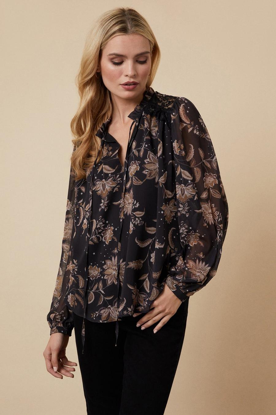 Brown Floral Frill Neck Blouse