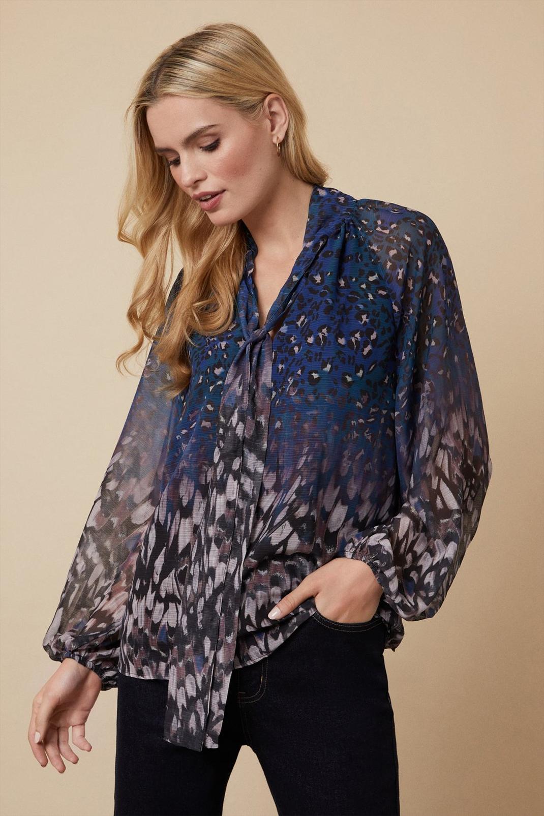 Blue Feather Border Tie Neck Top image number 1