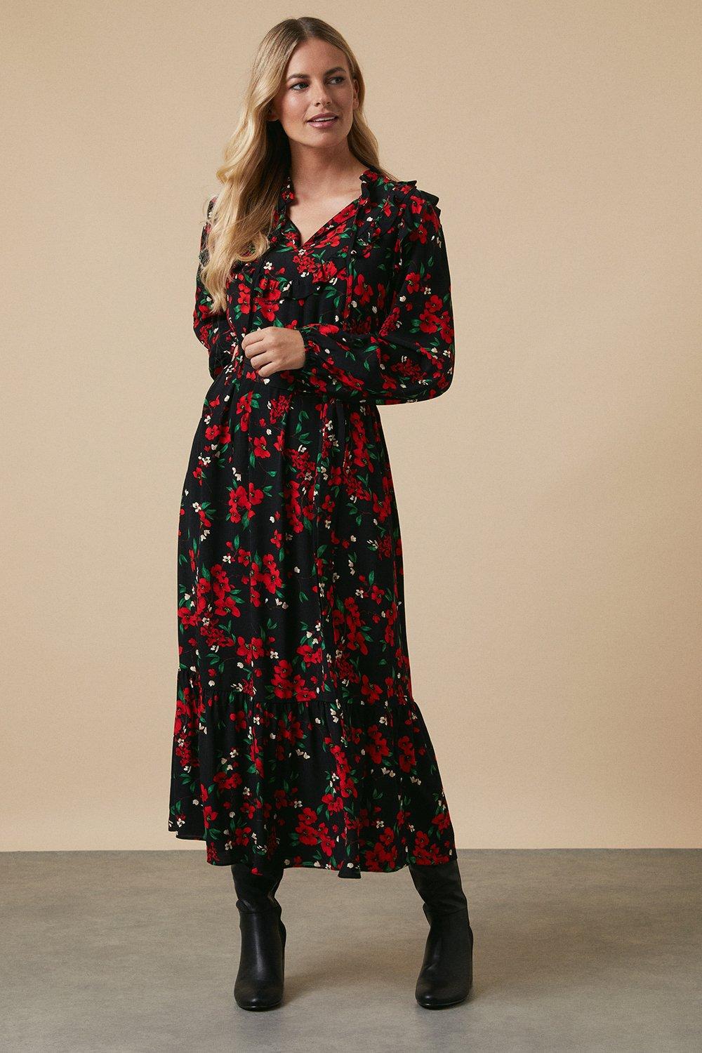 wallis red floral print midi dress