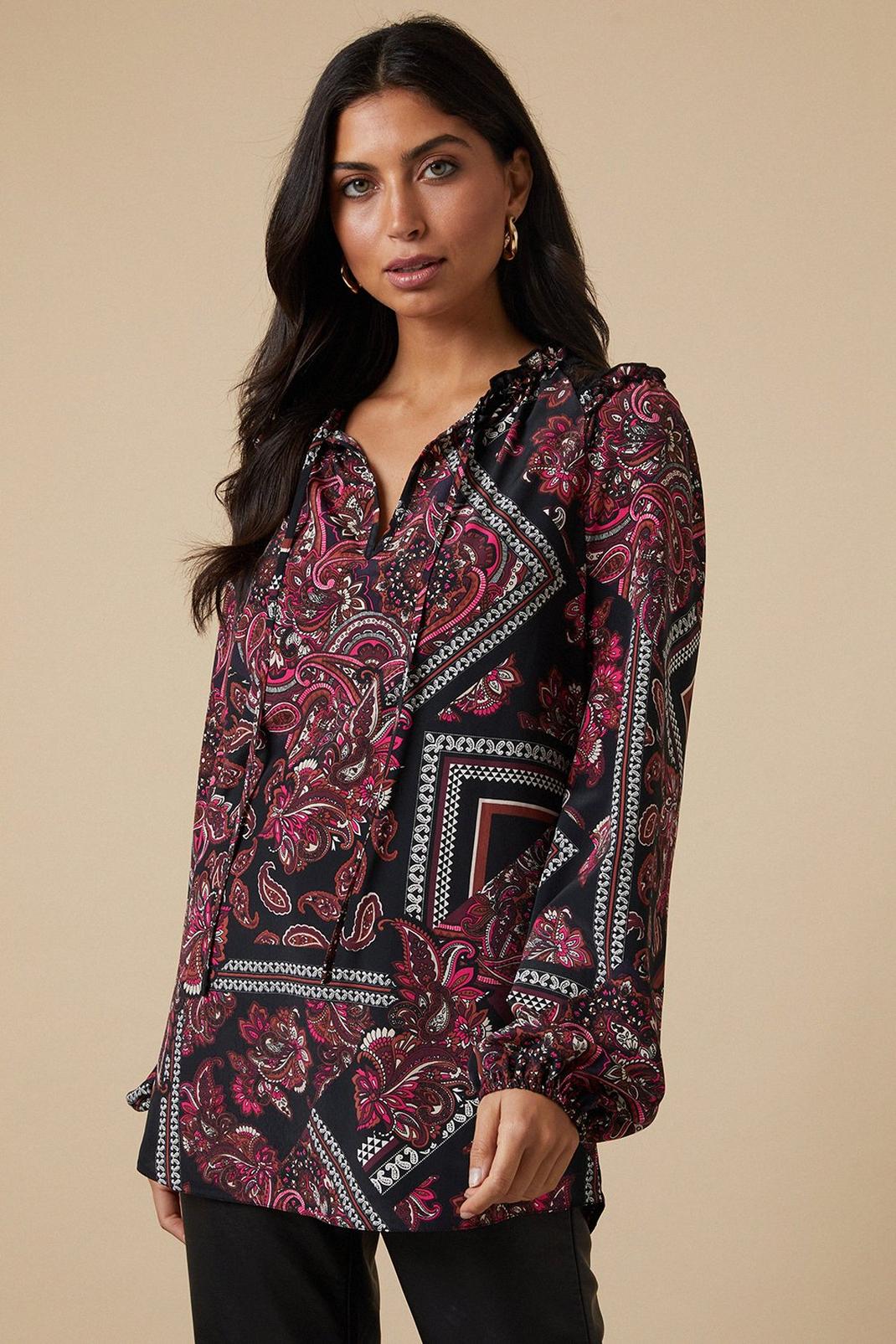 Tall Pink Paisley Lace Trim Tie Neck Blouse image number 1