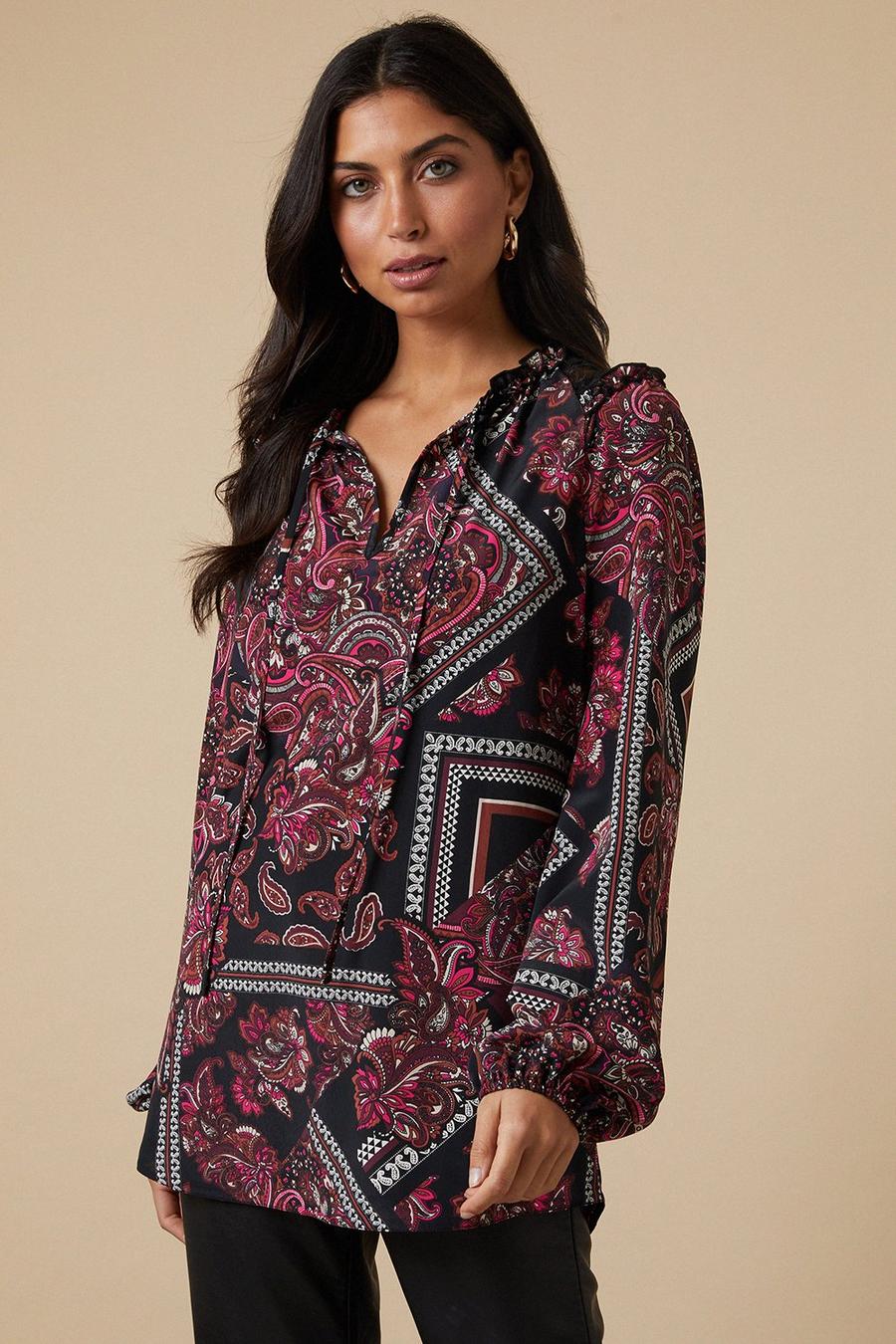 Tall Pink Paisley Lace Trim Tie Neck Blouse