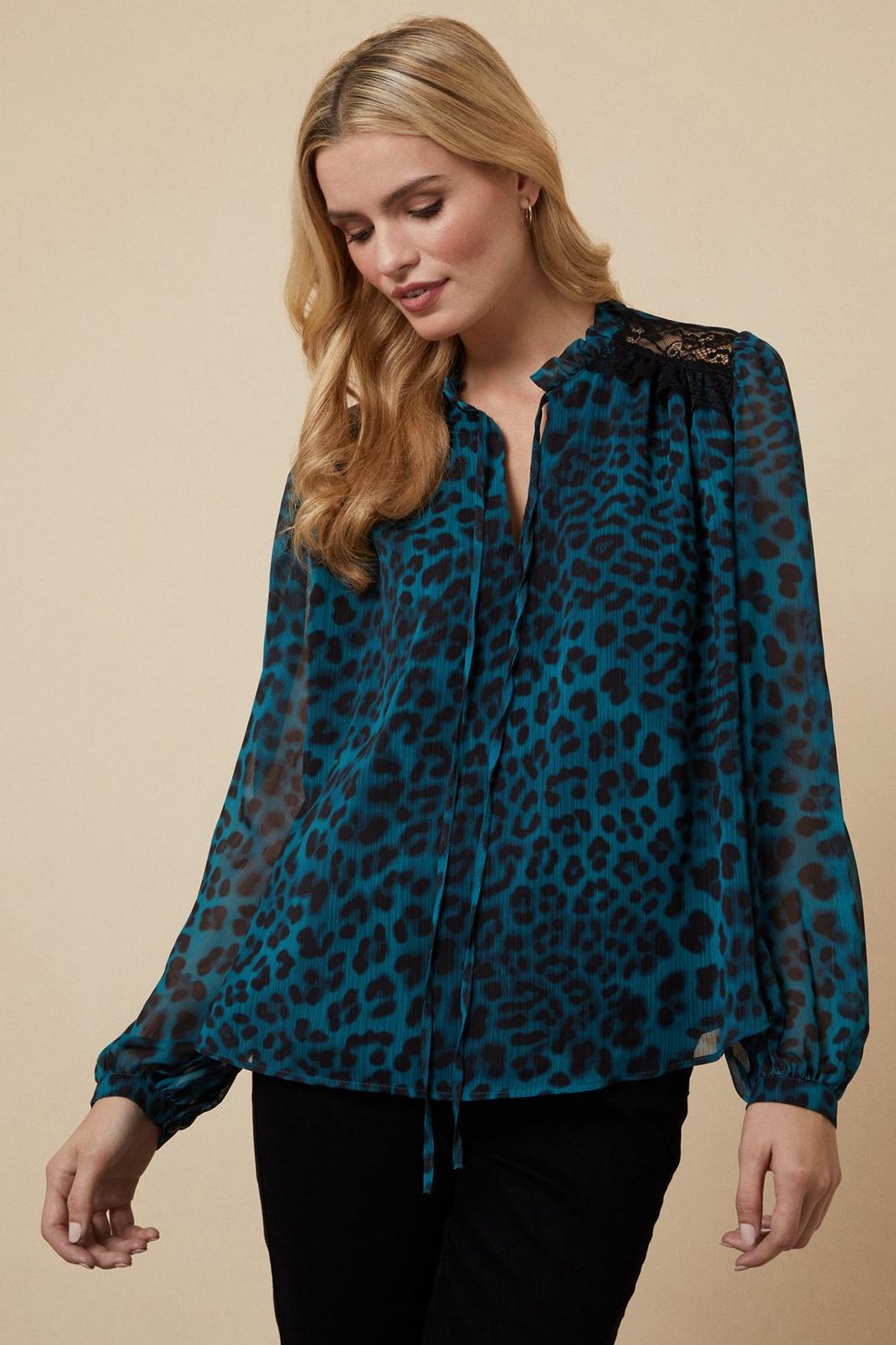 Teal Animal Frill Neck Blouse image number 1