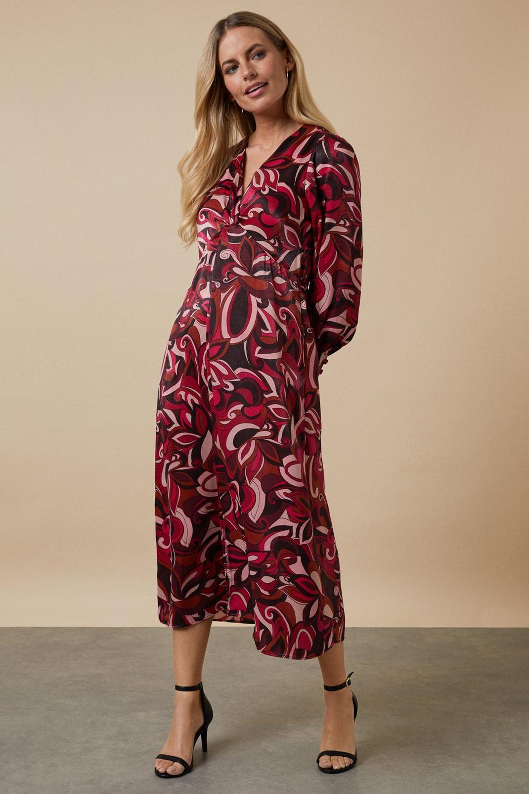Petite Pink Abstract Twist Front Midi Dress image number 1