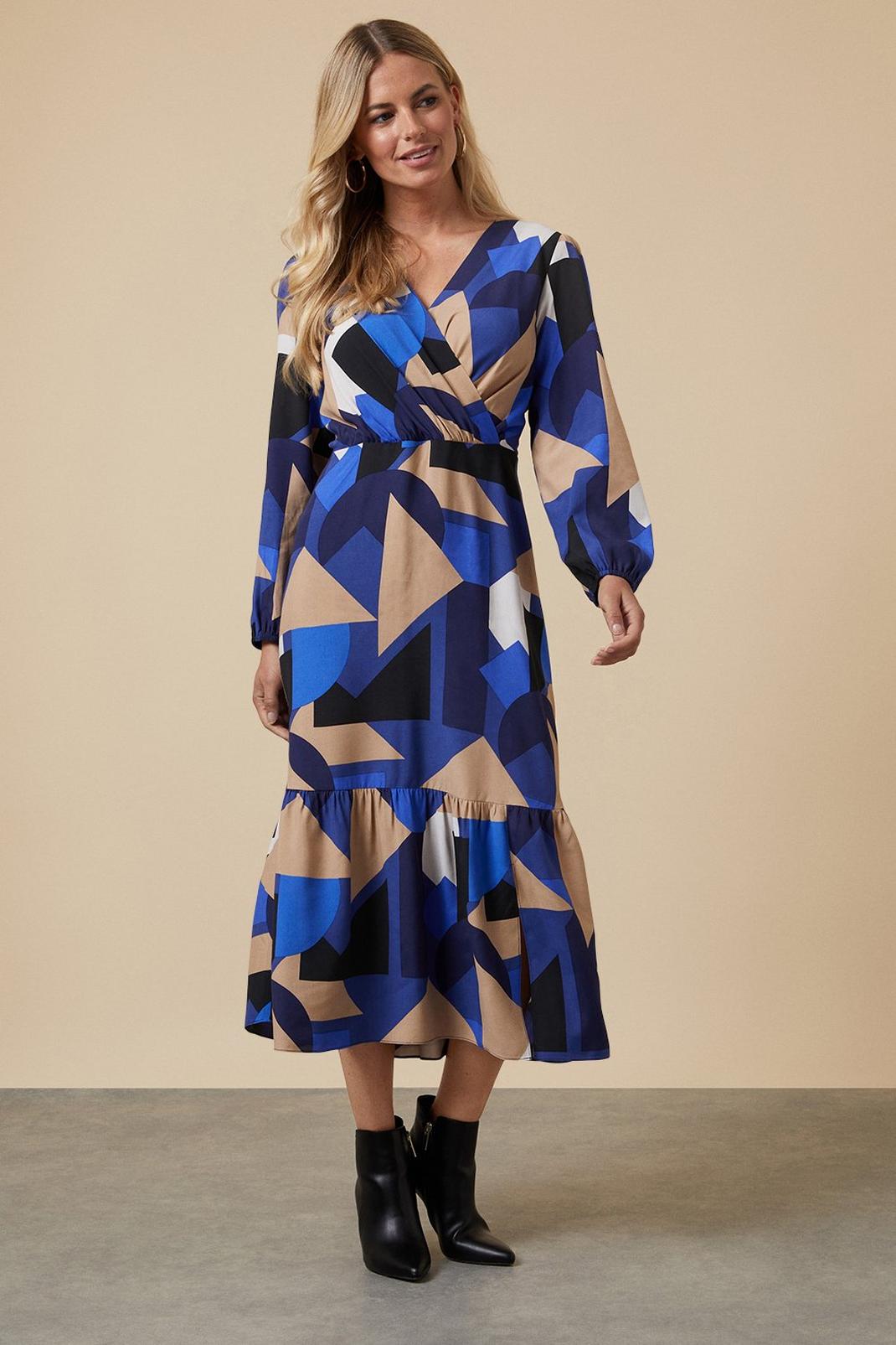 Petite Blue Geo Wrap Midi Dress image number 1