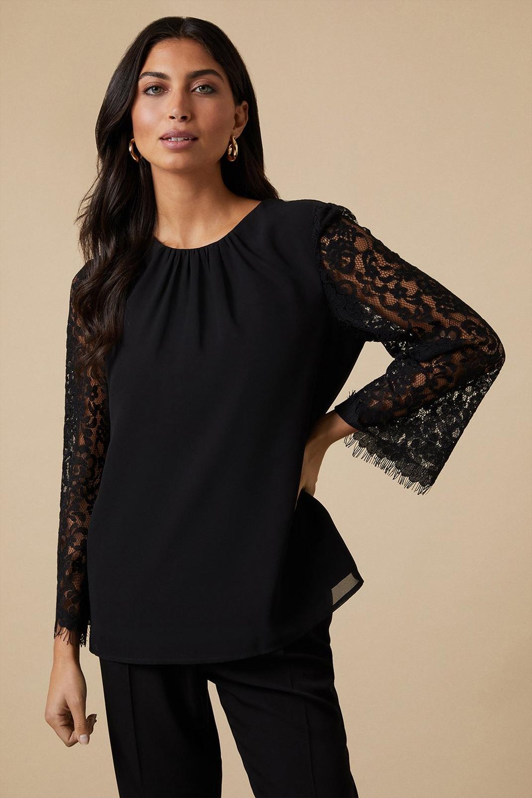 Black Gathered Detail Lace Sleeve Blouse image number 1