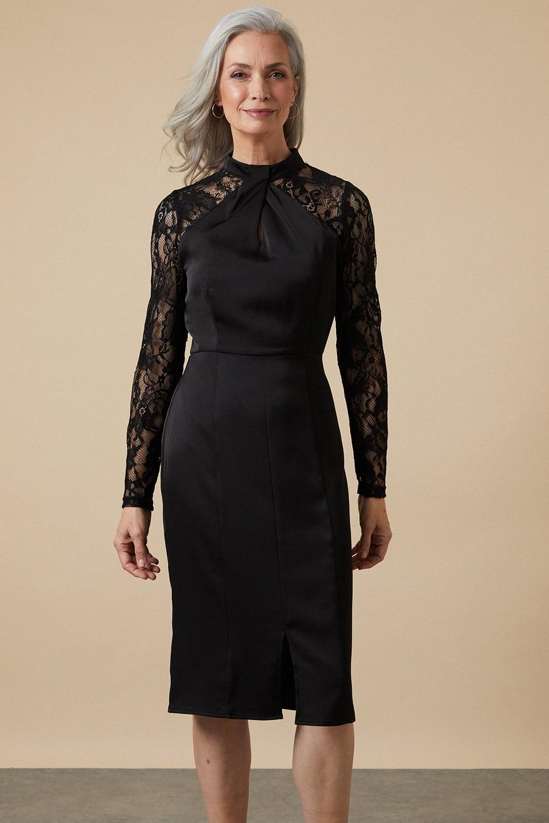 Black Lace Twist Neck Midi Dress image number 1