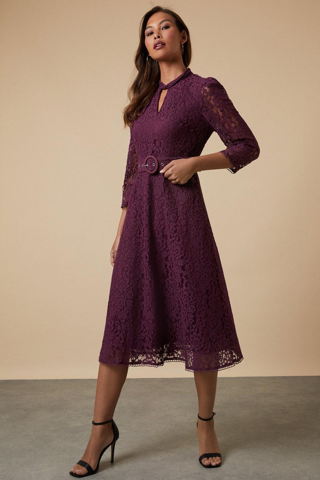 Plum Lace High Neck Belted Midi Dress image number 1