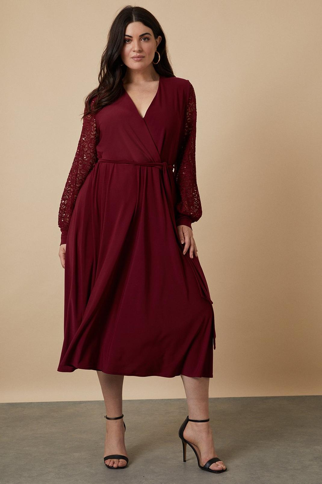 Berry Curve Sequin Wrap Lace Sleeve Midi Dress image number 1