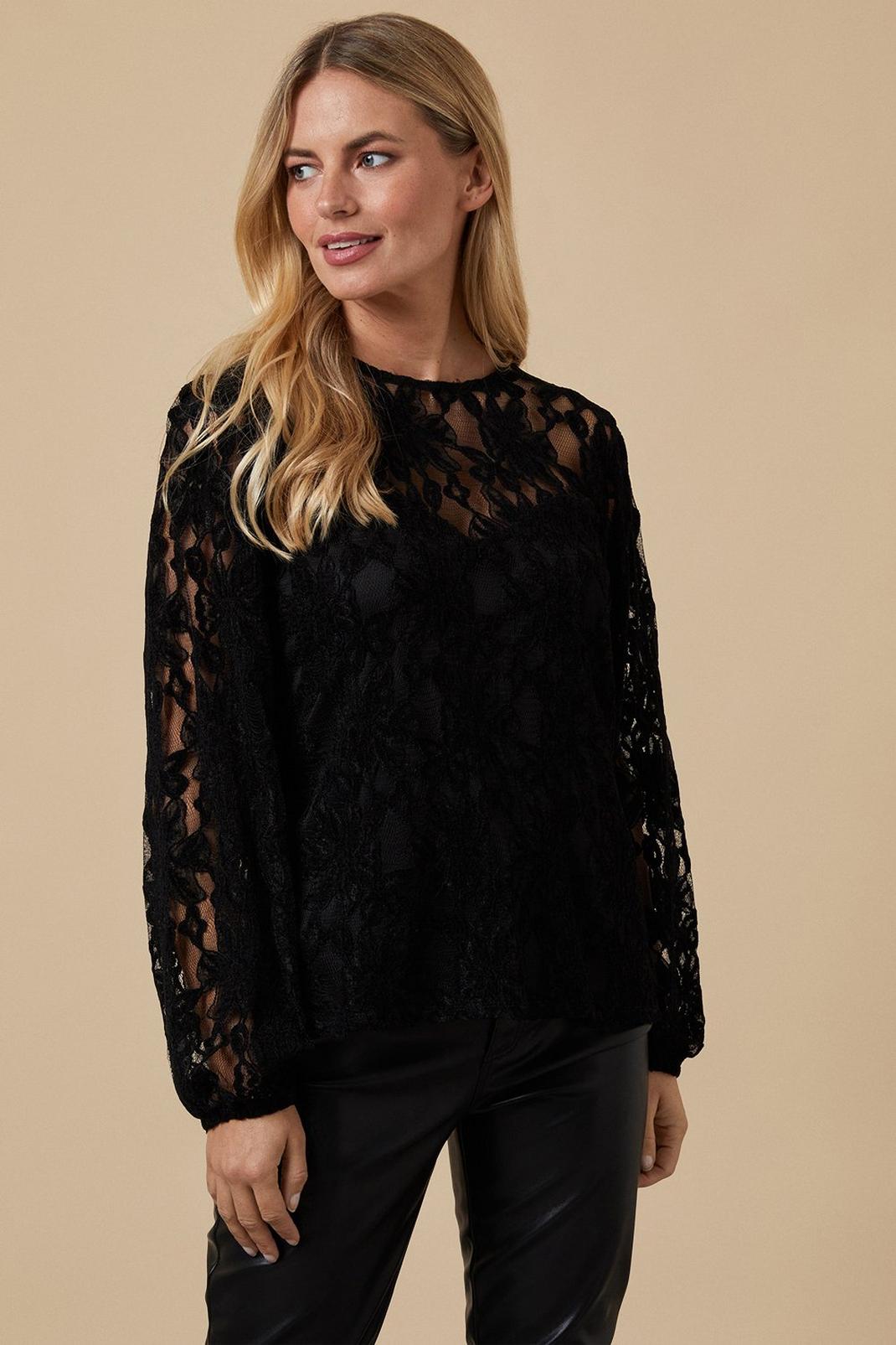 Black Petite Sweetheart Lace Top image number 1