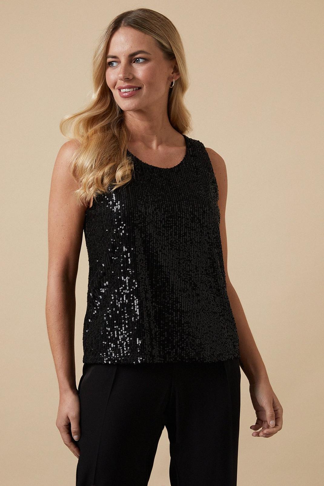 Black Tall Sequin Round Neck Cami image number 1