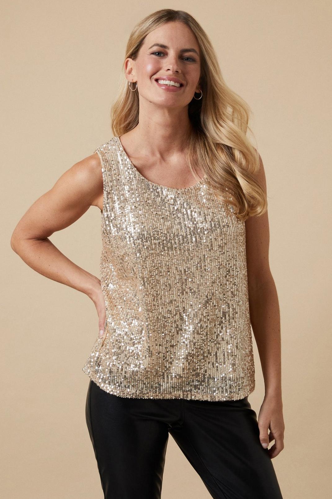 Champagne Tall Sequin Round Neck Cami image number 1