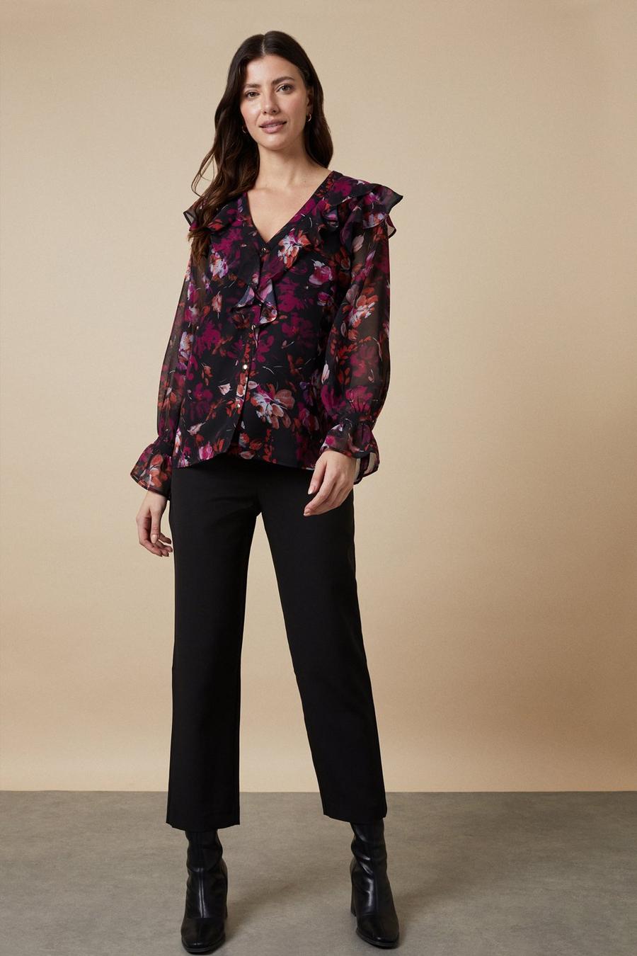 Berry Floral Frill Detail Button Down Blouse