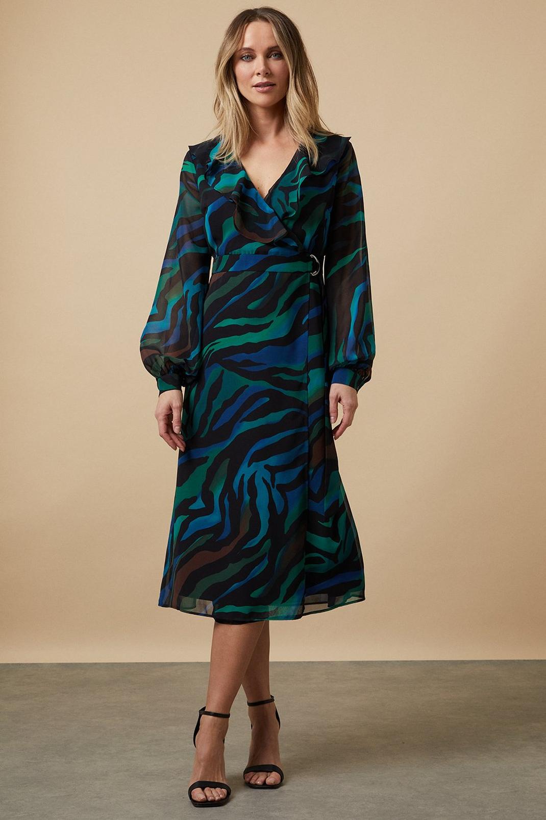 Green Tiger Ruffle Front Tie Belt Wrap Dress image number 1