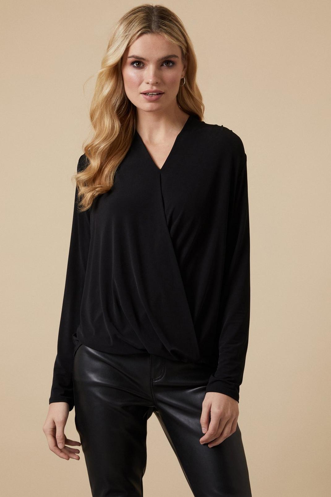 Black Long Sleeve Jersey Wrap Top image number 1