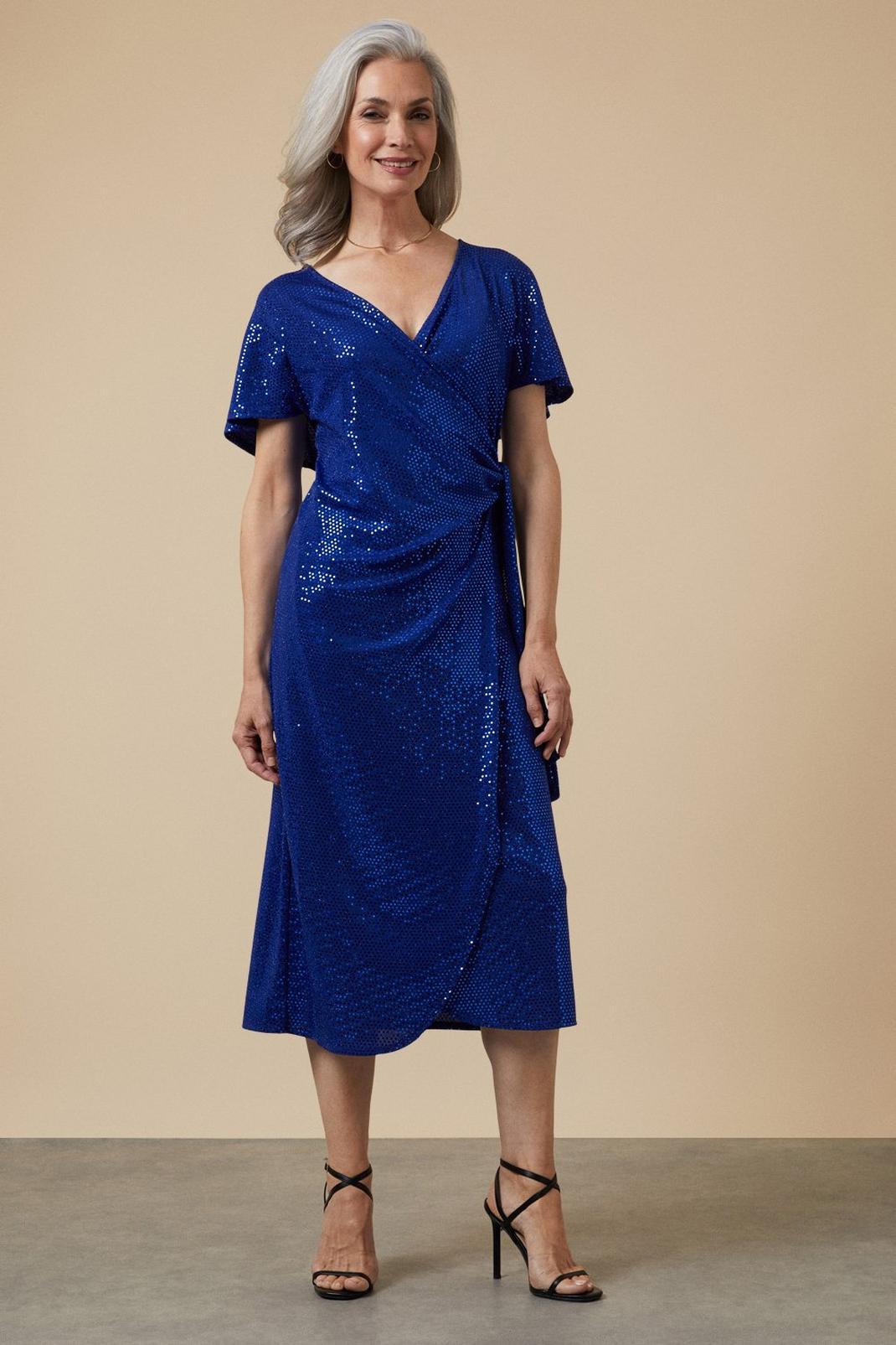Cobalt Sequin Wrap Angel Sleeve Midi Dress image number 1