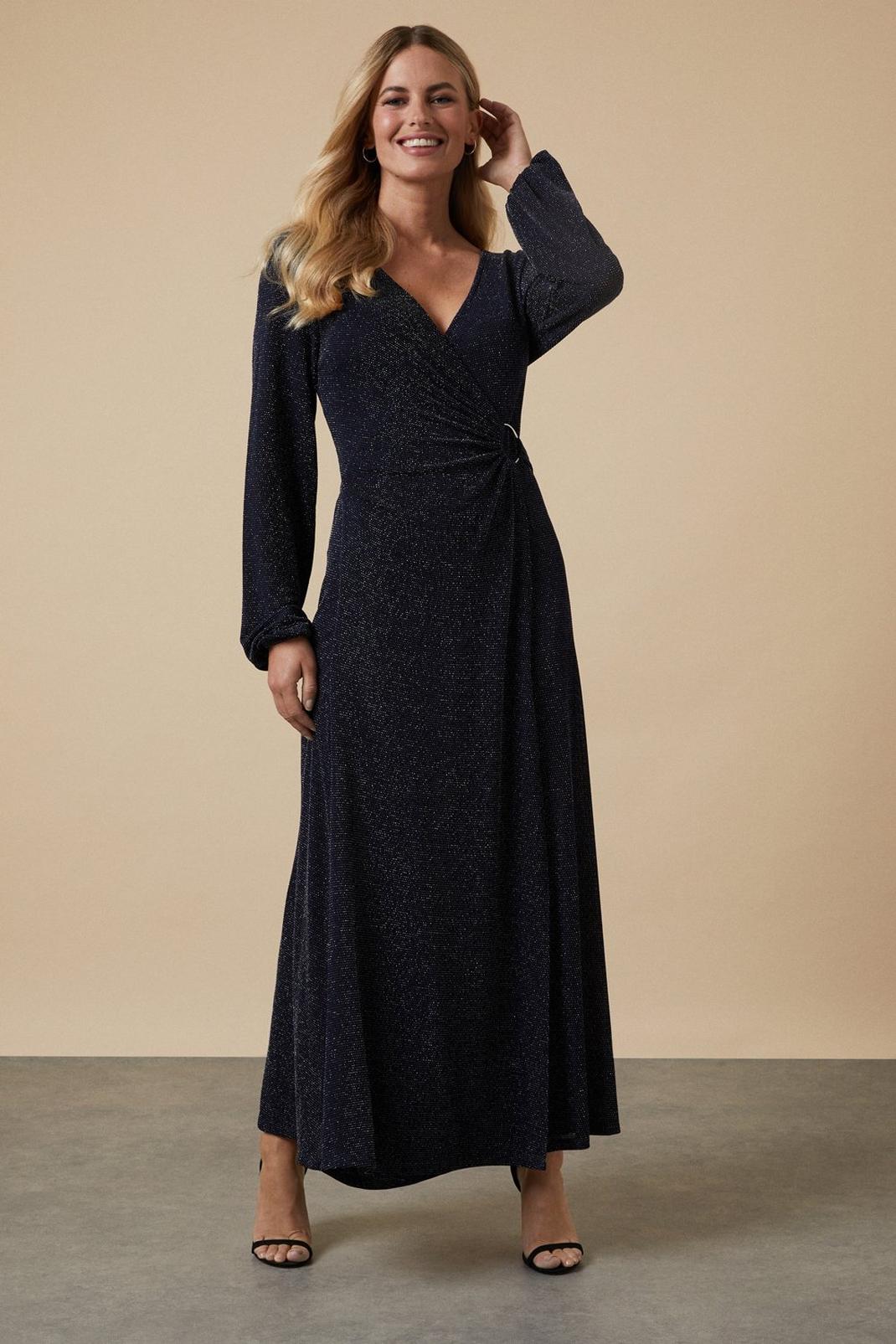 Navy Tall Shimmer Ring Wrap Midi Dress image number 1