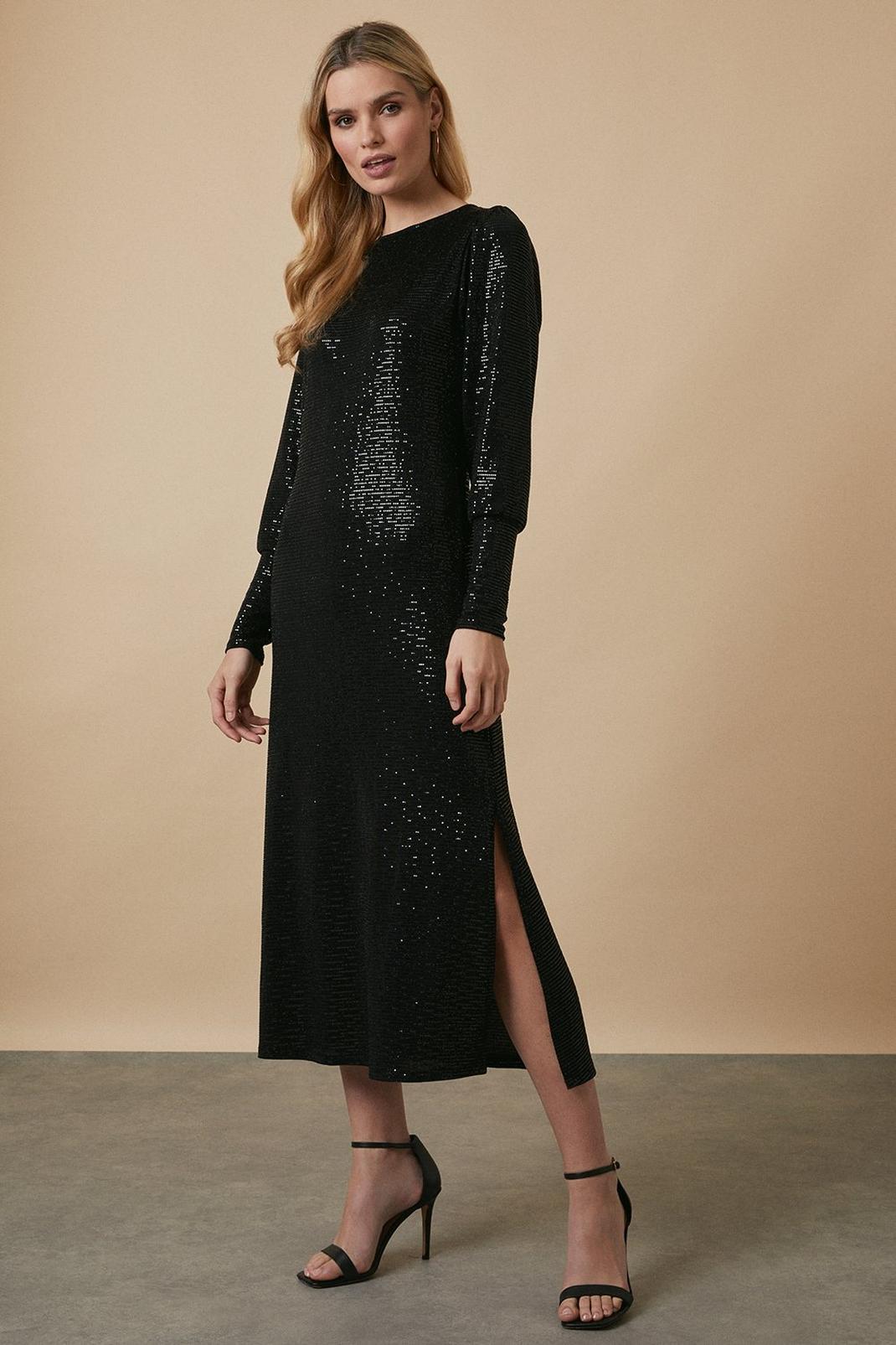 Black Tall Sequin Side Split Midi Dress image number 1