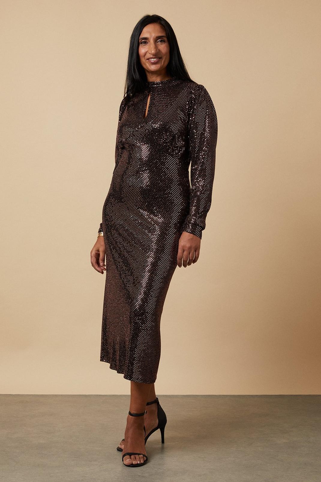 Rose gold Tall Sequin High Neck Keyhole Midi Dress image number 1