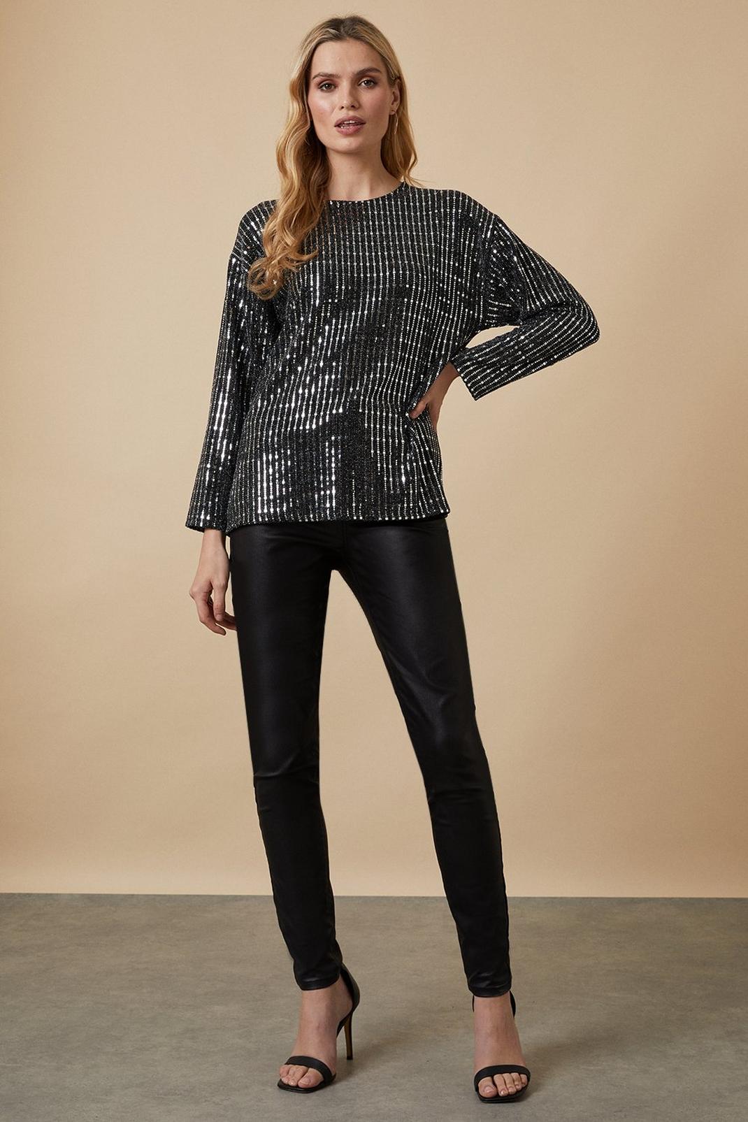 Silver Tall Sequin Long Sleeve Top image number 1