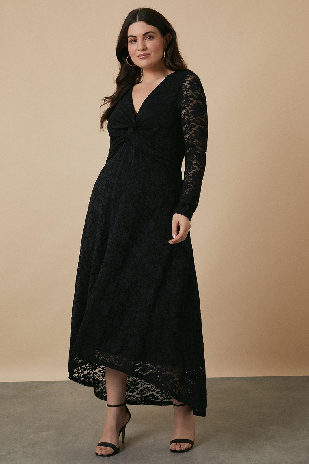 Black Curve Lace Twist Detail Midi Dress image number 1