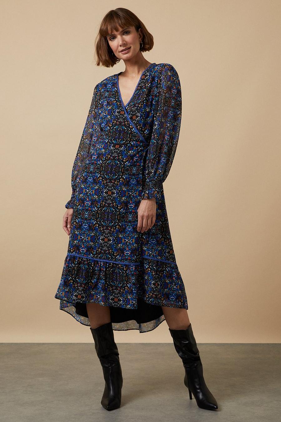 Navy Abstract Wrap Dress