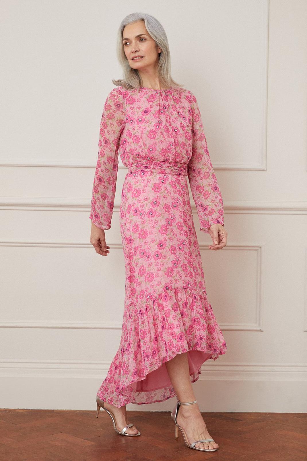 Pink Floral Sequin Flute Sleeve Midi Dress image number 1