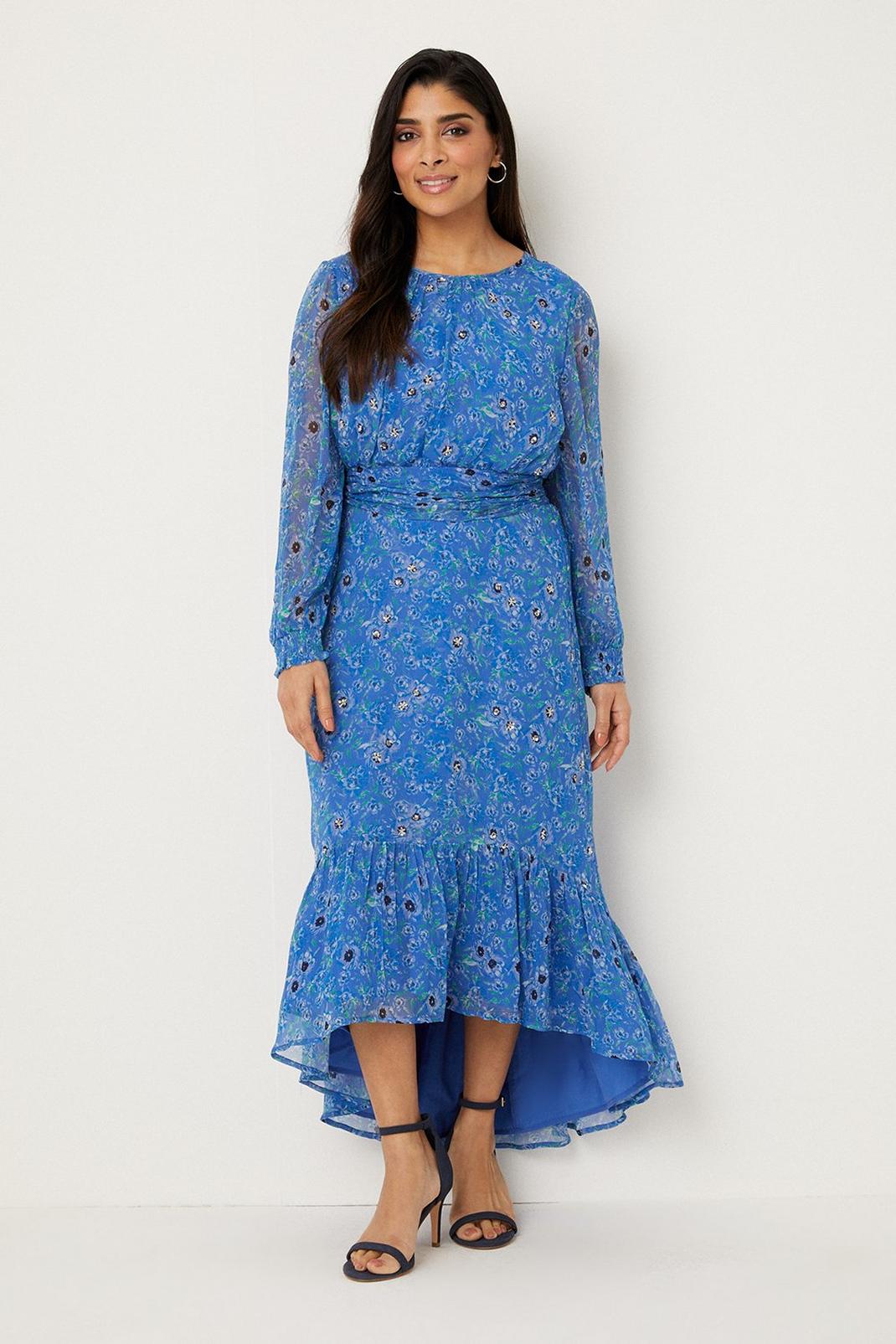 Blue Petite Floral Sequin Midaxi Dress image number 1