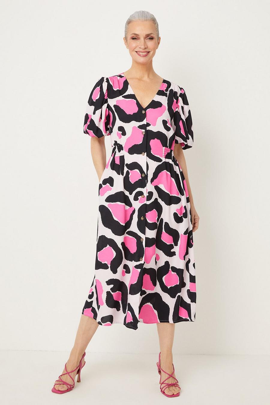 Pink Graphic Animal Button Down Midi Dress