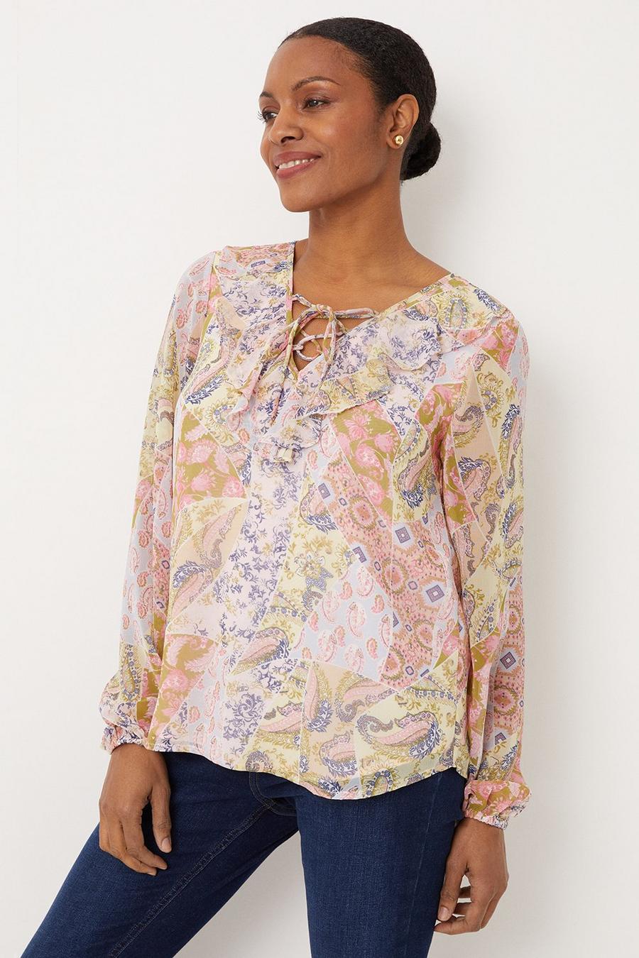 Pink Paisley Patchwork Tie Neck Ruffle Blouse