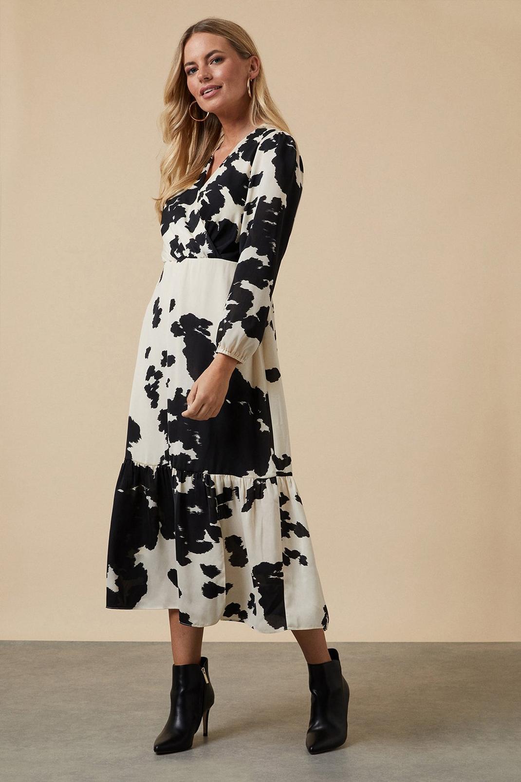 Black Petite Cow Print Wrap Midi Dress image number 1