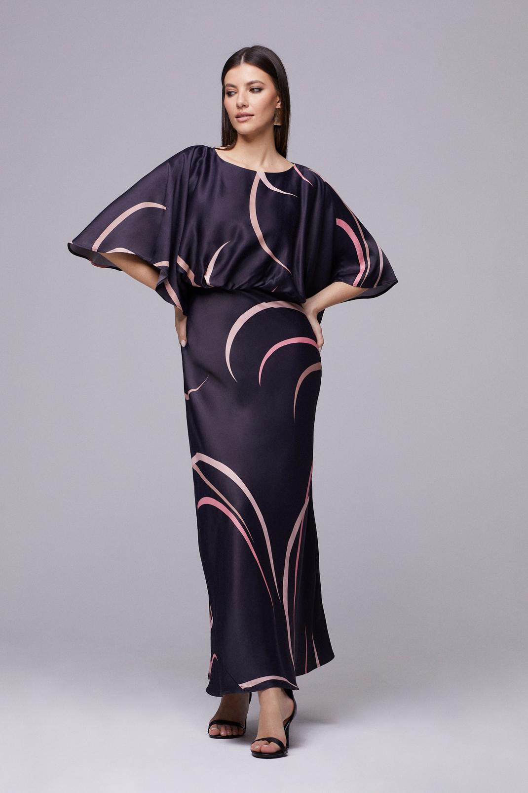 Black Marble Print Cape Sleeve Maxi Dress image number 1