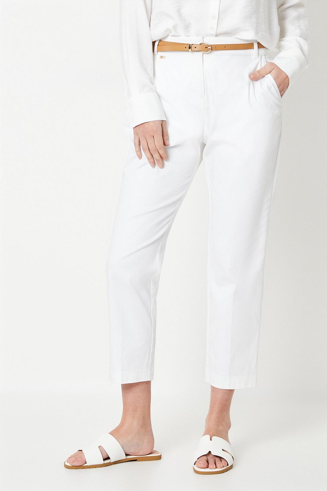 White Petite Stretch Cigarette Belted Trousers image number 1