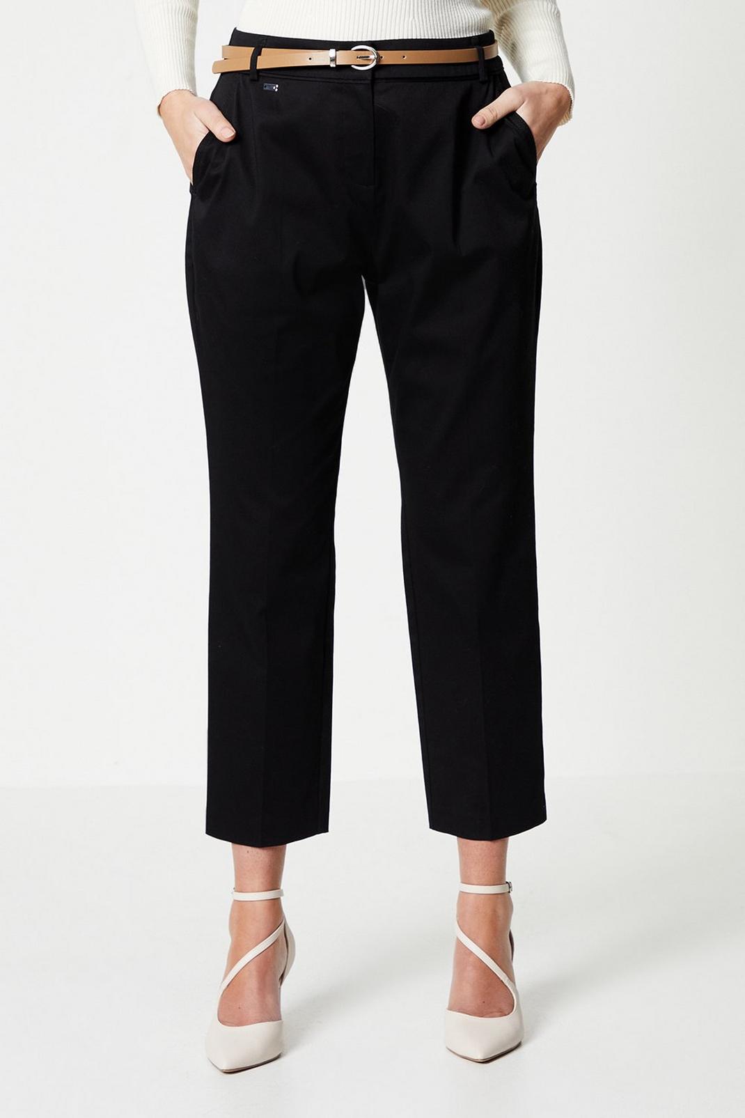 Black Petite Stretch Cigarette Belted Trousers image number 1