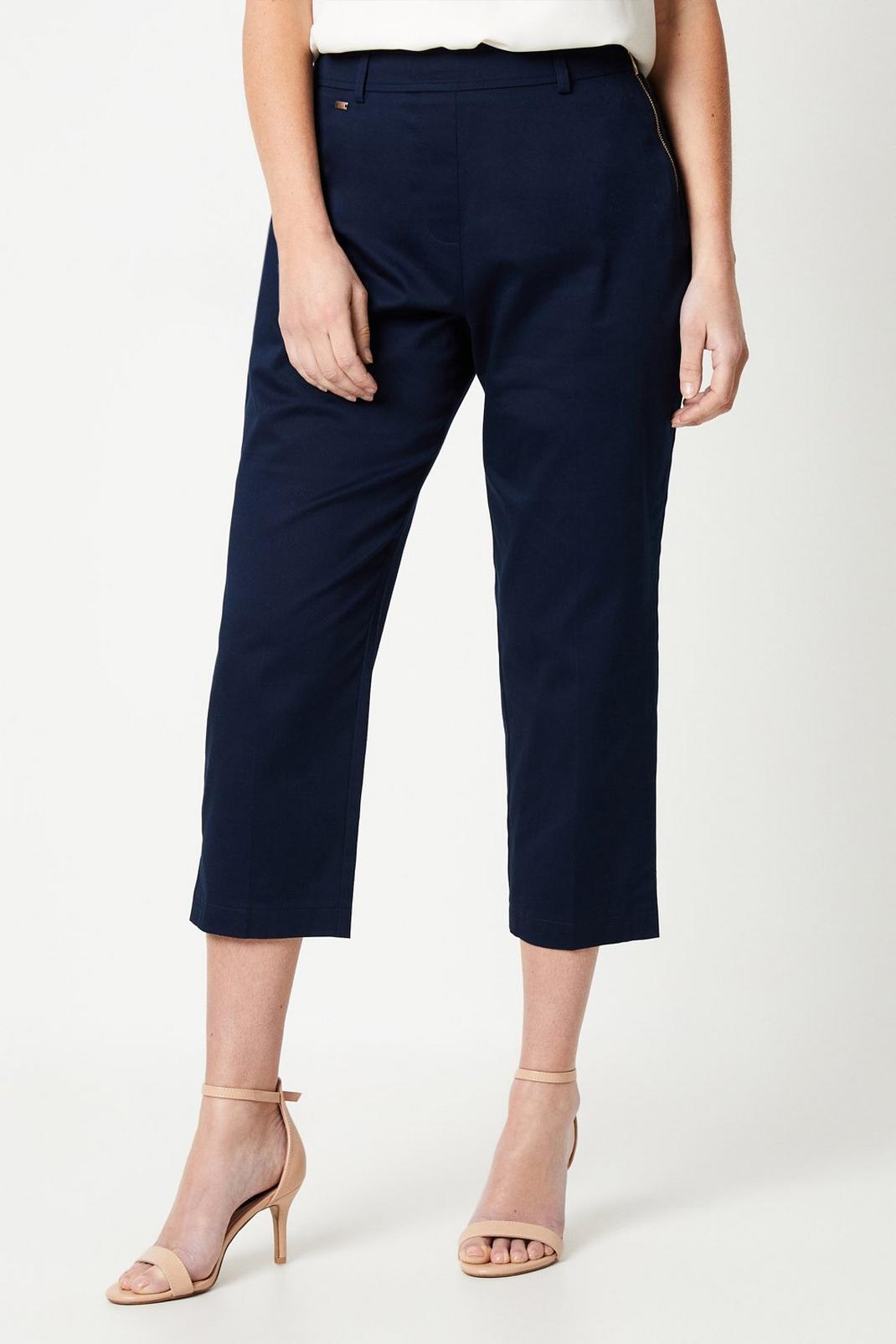 Navy Petite Side Zip Stretch Crop Trousers image number 1