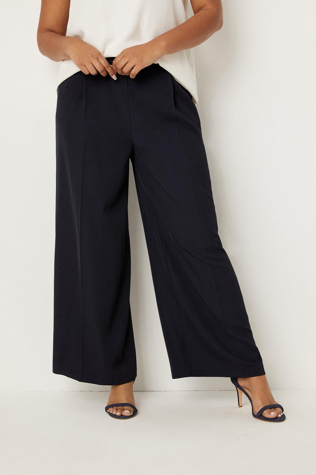 Navy Curve Pull On Wide Leg Trousers image number 1