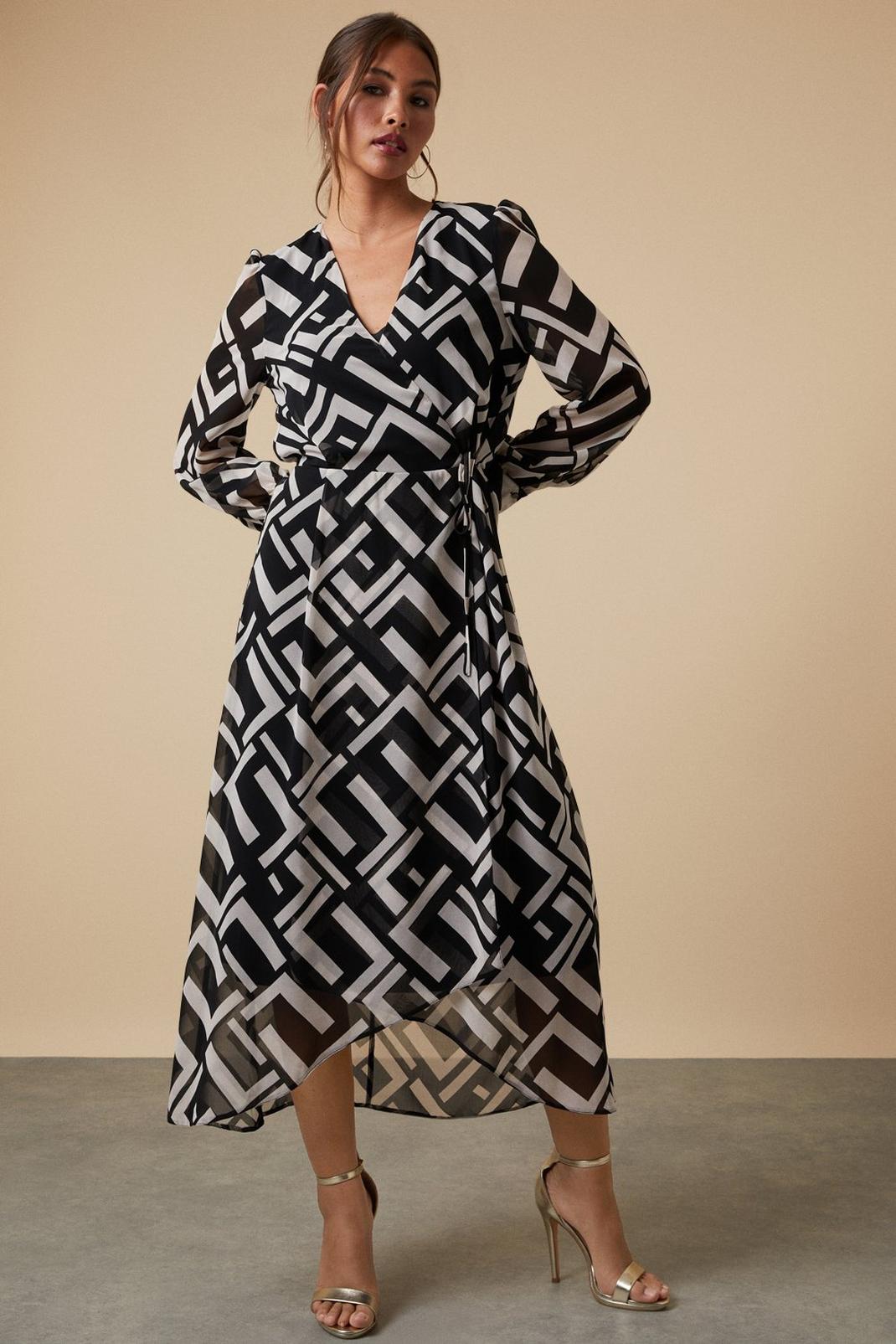 Tall Mono Geo Blouson Sleeve Wrap Midi Dress image number 1