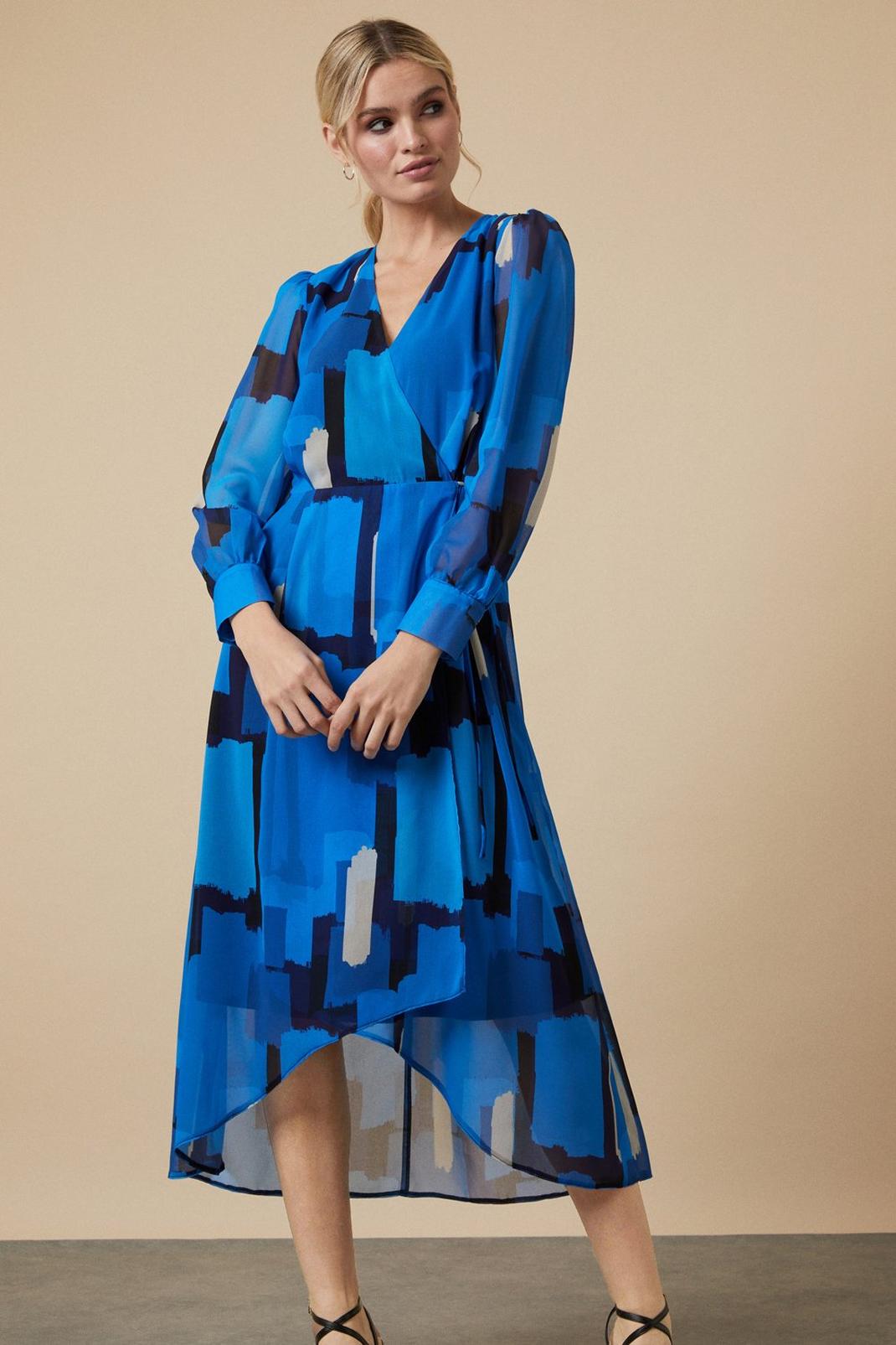 Blue Abstract Blouson Sleeve Wrap Dress image number 1